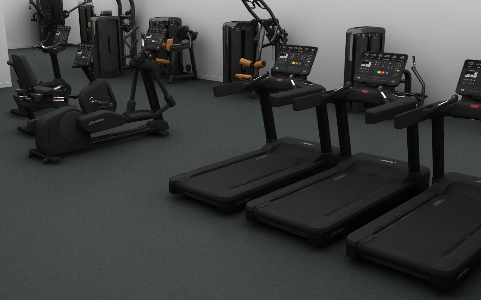 Life Fitness cardio deck with treadmills, ellipticals and touchscreen consoles