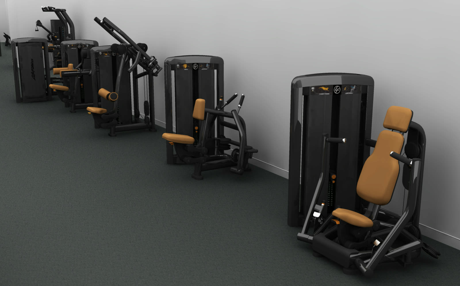 Selectorized Life Fitness strength machines — chest press, shoulder press and row