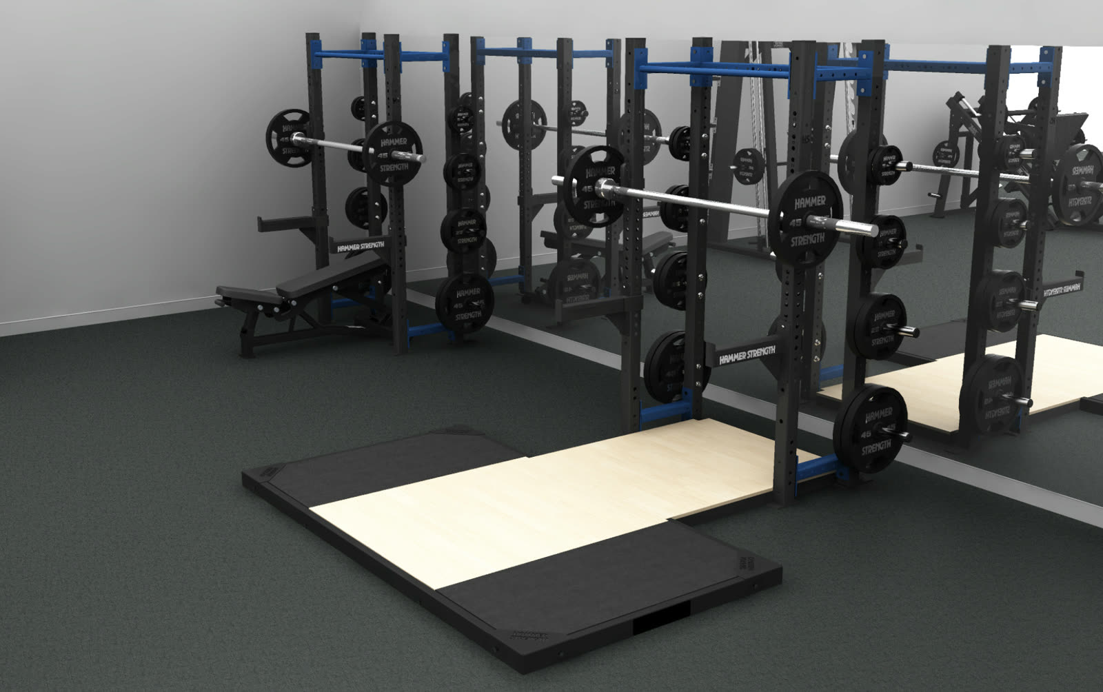 Hammer Strength power racks and Olympic lifting platforms