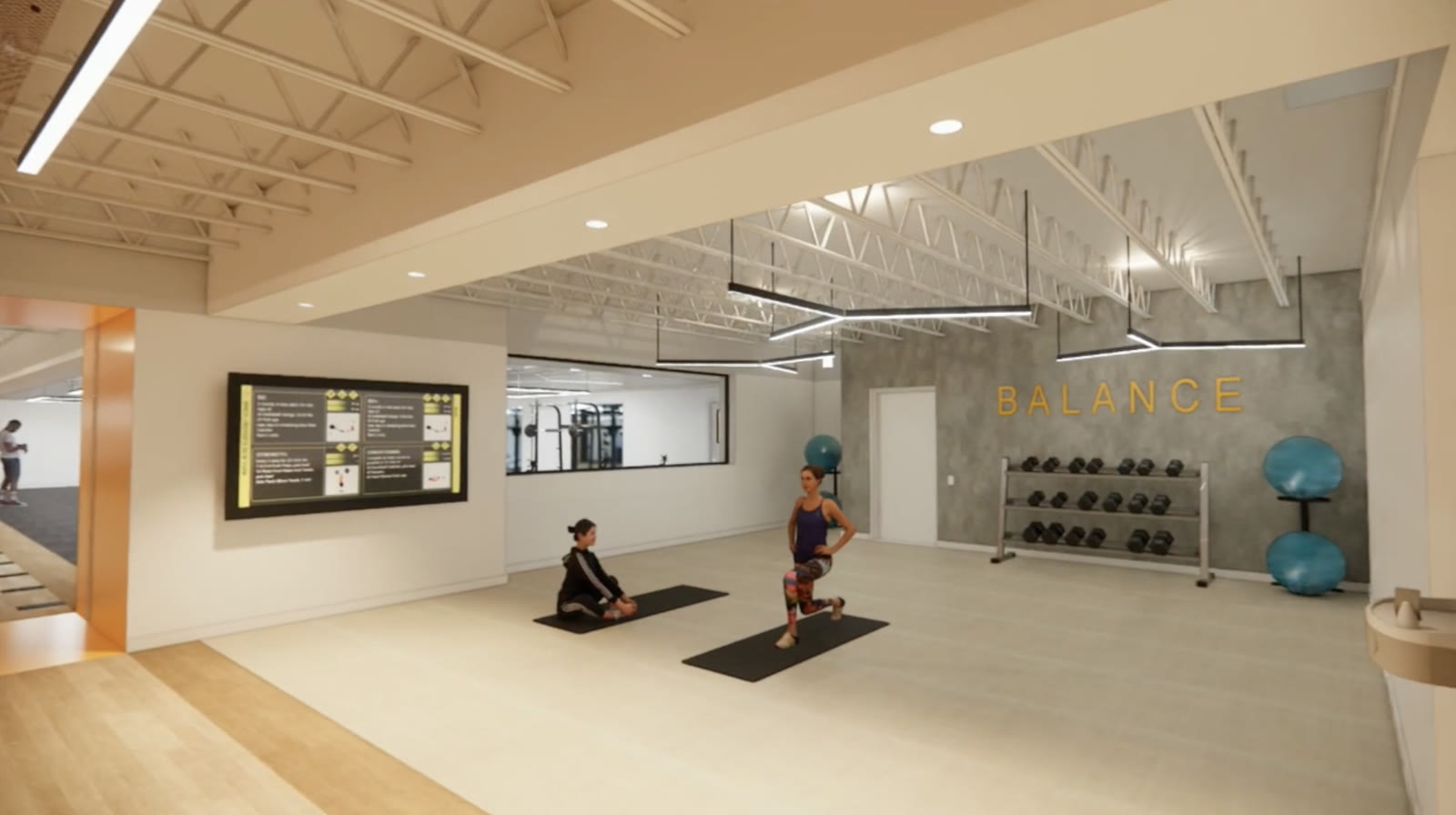 The Balance stretch and recovery zone — mats, dumbbells, and stability balls